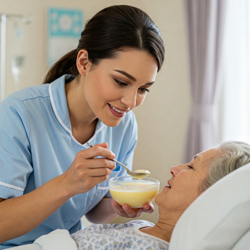 Cuidadora de idosos alimentando paciente idosa acamada com atenção e cuidado