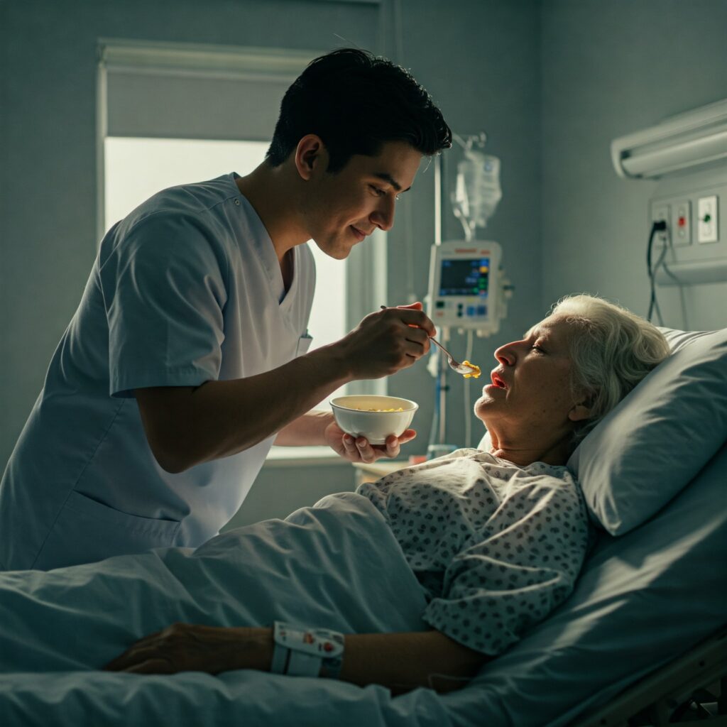 Cuidador alimentando idosa acamada em hospital com atenção e carinho