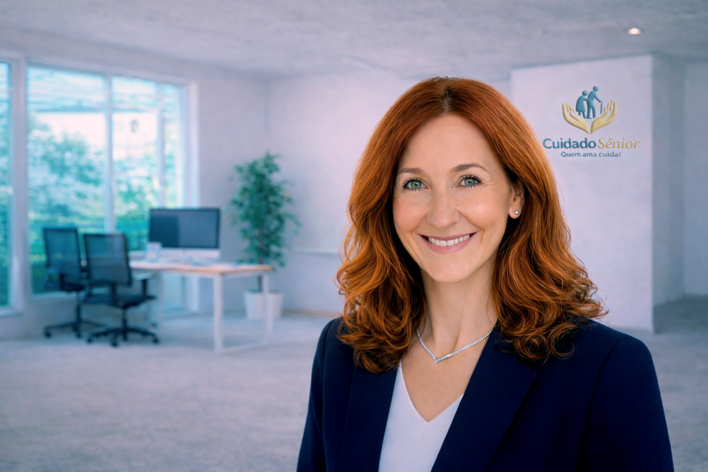 aura, fundadora da agência Cuidado Sênior, sorrindo em primeiro plano.